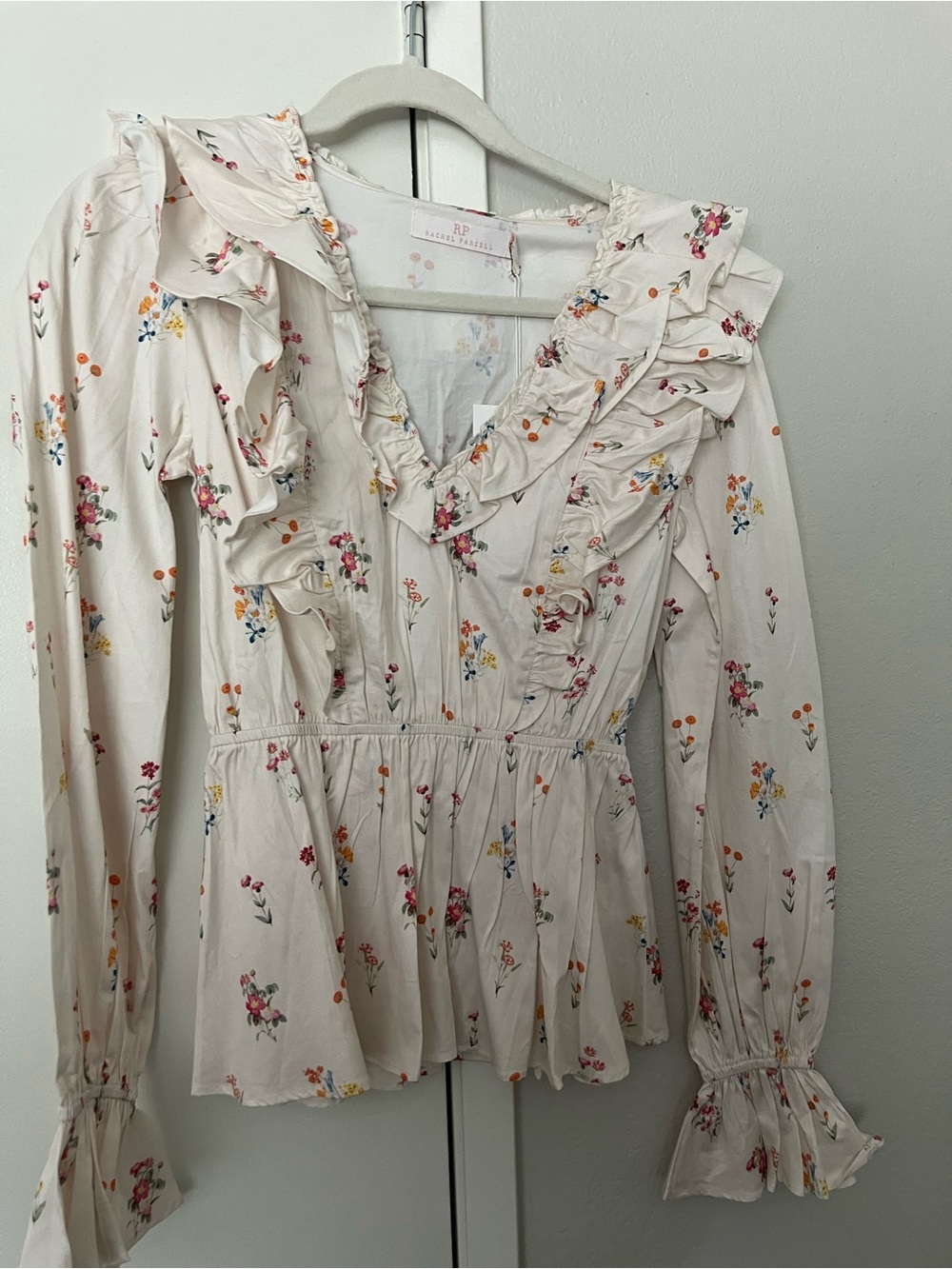Rachel Parcell Cream Ruffled Floral Blouse with Pink & Yellow Accents
